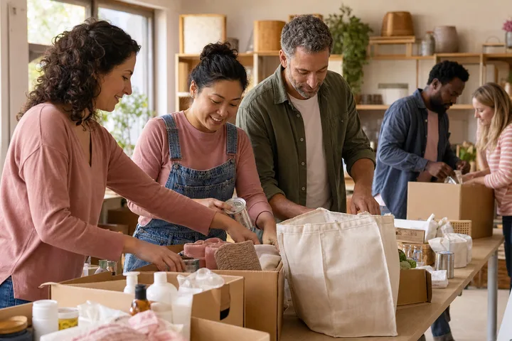 Community organisation volunteers packing useful supplies together